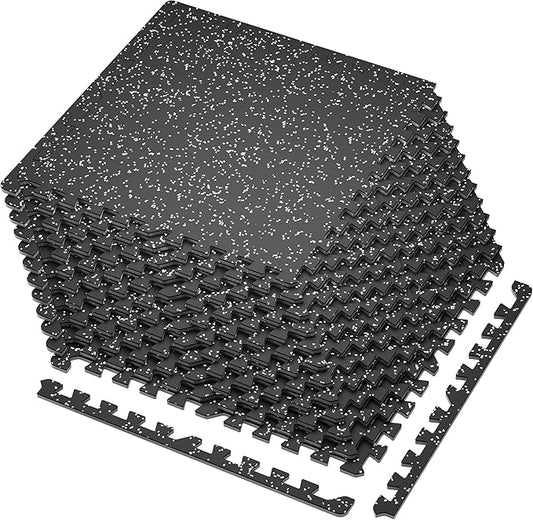 SUPERJARE 0.4'' Thick 12 Pcs 48 Sq Ft Rubber Top Exercise Equipment Mats, High Density EVA Foam Mats with Rubber Top, Interlocking Gym Flooring for Home Gym, Protective Workout Mat, Black/Grey-StrideForce Fitness