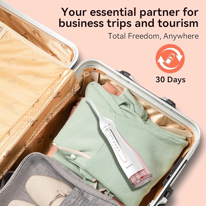 Cordless Portable Water Flosser with 300ML Tank: Rechargeable Oral Irrigator with 5 Tips for Travel, Braces Care and Sensitive Gums, IPX7 Waterproof Teeth Cleaning Device(Pink)