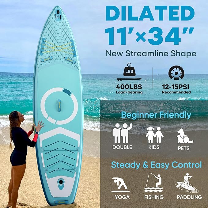 Inflatable Paddle Board,Stand Up Paddle Board Set, Extra Wide SUP Board with Removable Fin, Floating Paddle, Hand Pump, Waterproof Phone Pouch,Traveling Board-StrideForce Fitness