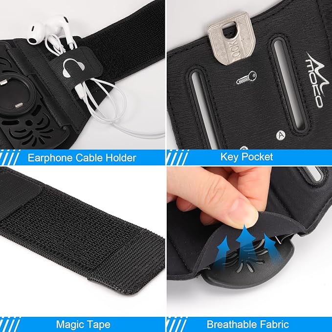MoKo Running Armband 360°Rotatable for iPhone 16 15 14 13 Pro Max Plus Samsung Galaxy Note S24 S23 Fits Smartphones Over 5.8'', Detachable Armband Phone Holder for Running Biking with Key Holder-StrideForce Fitness