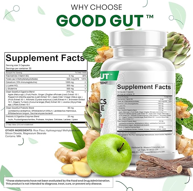 Clean Nutraceuticals Colostrum Supplement Capsules Probiotics Pills Prebiotics, L-Glutamine, Digestive Enzymes, Folate, Fiber, ACV, Turmeric, Apple Pectin and Turmeric Good Gut-StrideForce Fitness
