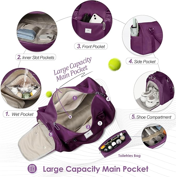 FIORETTO Womens Gym Tote Duffle Bag with Toiletry Bag, Sports Duffel Overnight Hospital Workout Carry on Bag for Girls with Wet Pocket & Shoe Compartment, Ideal for Travel, Swimming, Dance Purple-StrideForce Fitness