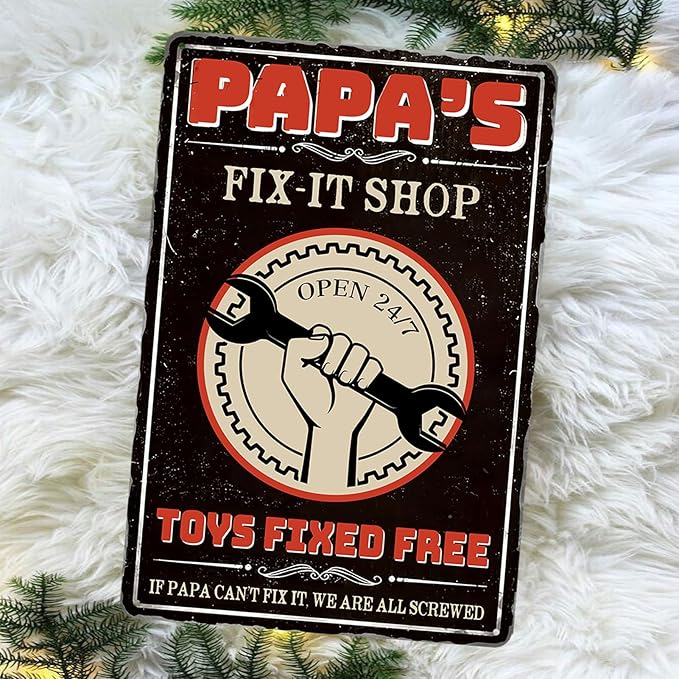 Papas Fix It Shop Metal Tin Signs for Garage Man Cave Decor Funny Papa Gifts - Vintage Tool Shop Papa's Workshop Signs, Father's Day Gifts Decorations 8x12 Inch-StrideForce Fitness