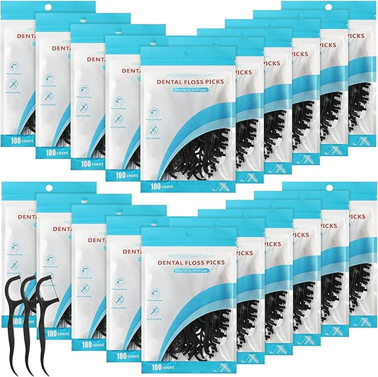 Maxcheck 2000 Count Floss Picks Bulk Natural Dental Floss Picks Toothpicks Sticks High Pull Tooth Flosser Sustainable for Teeth(Black)