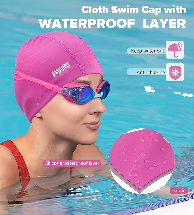 Aegend Fabric Swim Cap, Silicone Waterproof Layer - Breathable Cloth Swimming Cap, Keep Hair Dry with Hight Elasticity for Youth(8-16) Adult, 2 Sizes to Choose-StrideForce Fitness