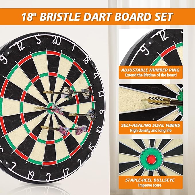 Bristle Dart Board Set, Professional Dart Board 18" with 6pcs 18g Darts Outdoor Dartboard Set, Compressed Sisal Metal Wire Board with Rotating Number Ring-StrideForce Fitness