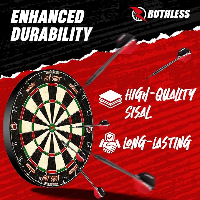 Ruthless Hot Shot Dart Board | Endurance Round Wire Sisal Dartboard Set Including 2 sets of Steel Tip Darts-StrideForce Fitness
