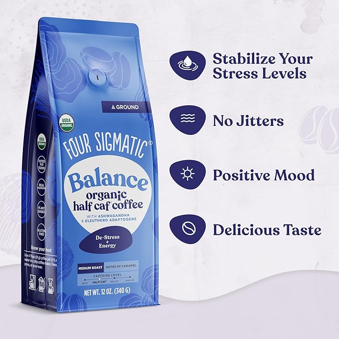 Four Sigmatic Organic Balance Adaptogen Ground Coffee | Medium Roast USDA Organic Coffee with Ashwagandha, Chaga Mushroom, Eleuthero and Tulsi for Focus and Energy Boosting | 12oz Bag-StrideForce Fitness