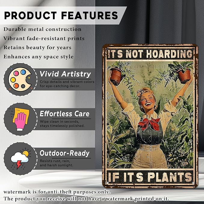 Retro Garden Metal Sign It's Not Hoarding If It's Plants Vintage Gardening Decor Metal Plaque for Parlor Yard Oasis Backyard Patio Greenhouse Decoration 12 * 8inch-StrideForce Fitness