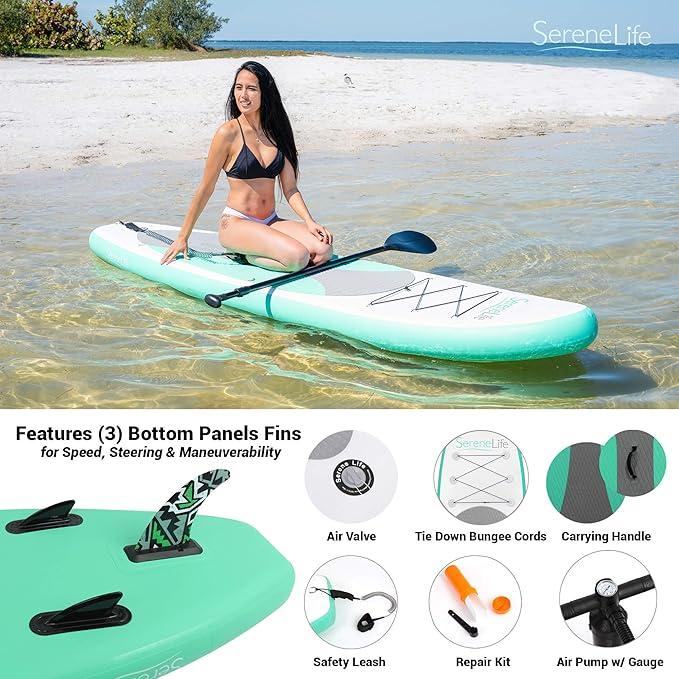 SereneLife Inflatable Stand Up Paddle Board with Premium SUP Accessories – Wide Stable Design with Non-Slip EVA Deck Pad for Adults and Youth of All Skill Levels-StrideForce Fitness