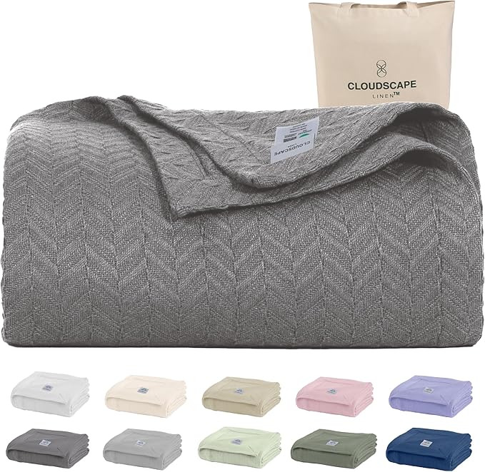 Cloud Scape Linen 100% Cotton Queen Size Blanket, Herringbone Pattern, Lightweight Summer Blanket,Best Gifts for Women, fits Full Size Bed, 92 x 92, Dark Grey-StrideForce Fitness