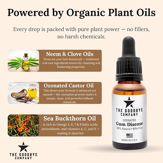 The Goodbye Company Ozonated Gum Treatment Oil – Home Remedy for Periodontal Disease & Gingivitis Relief – 100% Pure Clove & Neem Essential Oils for Healthy Gums, Soothes Pain & Stops Bleeding – 15 ml