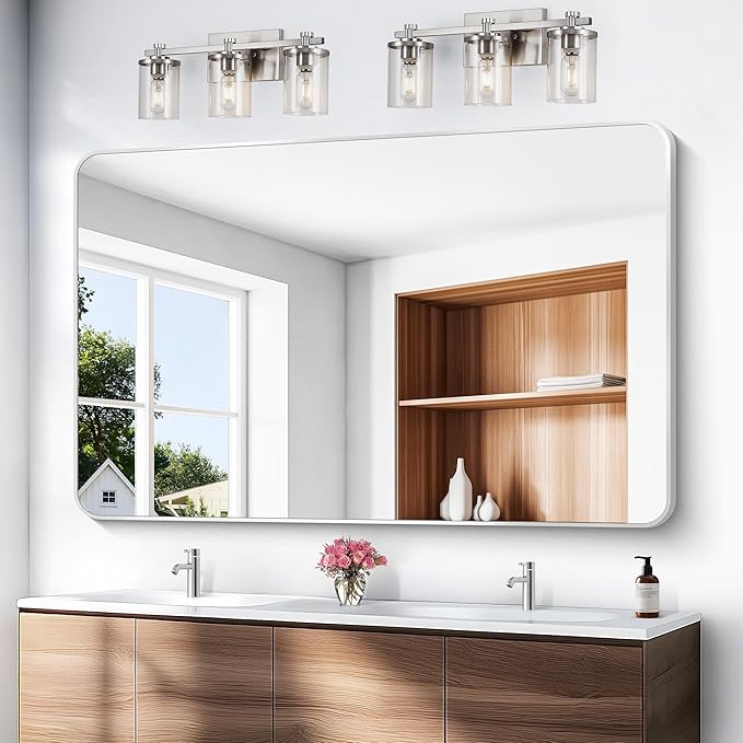 Silver Bathroom Mirror,60x40 inch Wall Mirror for Bathroom Wall Mounted,Rectangle Mirror for Bathroom Over Sink,Modern Frame Round Corner for Living Room,Bedroom Entryway,Horizontal/Vertical-StrideForce Fitness