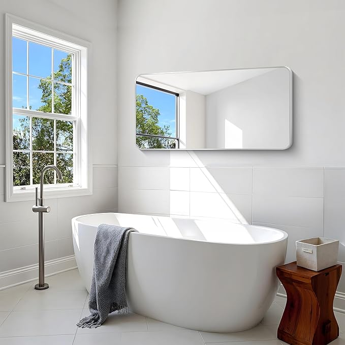 Silver Bathroom Mirror,24x48 inch Wall Mirror for Bathroom Wall Mounted,Rectangle Mirror for Bathroom Over Sink,Modern Frame Round Corner for Living Room,Bedroom Entryway,Horizontal/Vertical-StrideForce Fitness