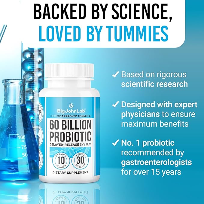 BIGJOHNLAB® Probiotics 60 Billion CFU – 10 Strains + Organic Prebiotics – Immune, Digestive & Gut Health – Supports Occasional Constipation, Diarrhea, Gas & Bloating – for Women & Men – 30ct-StrideForce Fitness