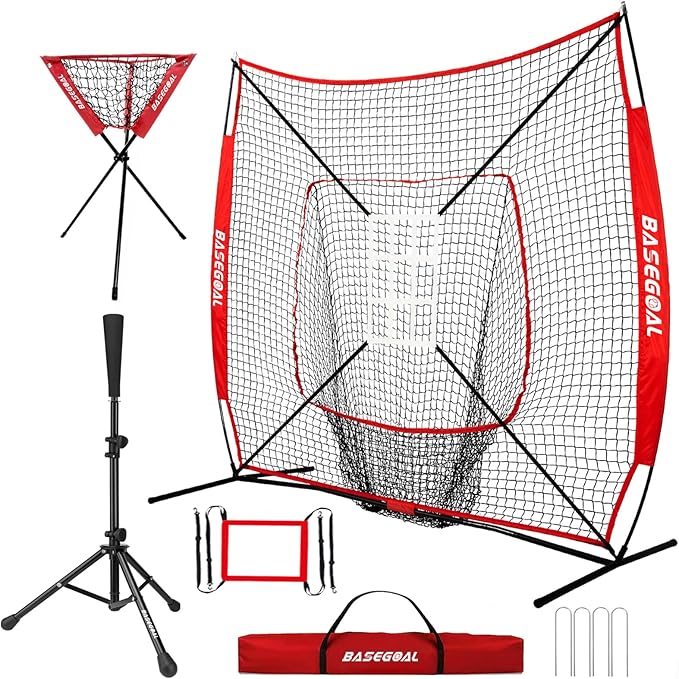 7'×7' Baseball Softball Practice Net,Baseball Backstop,with Batting Tee,Ball Caddy,for Hitting Pitching Batting Catching with Bow Frame,Bonus Strike Zone,Portable and Foldable-StrideForce Fitness