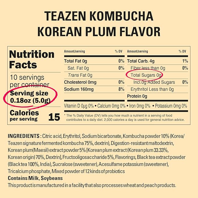 TEAZEN Kombucha Tea, Japanese Apricot Flavor, Zero Sugar, Sparkling Fermented Powdered Mix Beverage from Korea, Live Probiotics & Prebiotics, 10 Sticks, 1.76oz-StrideForce Fitness
