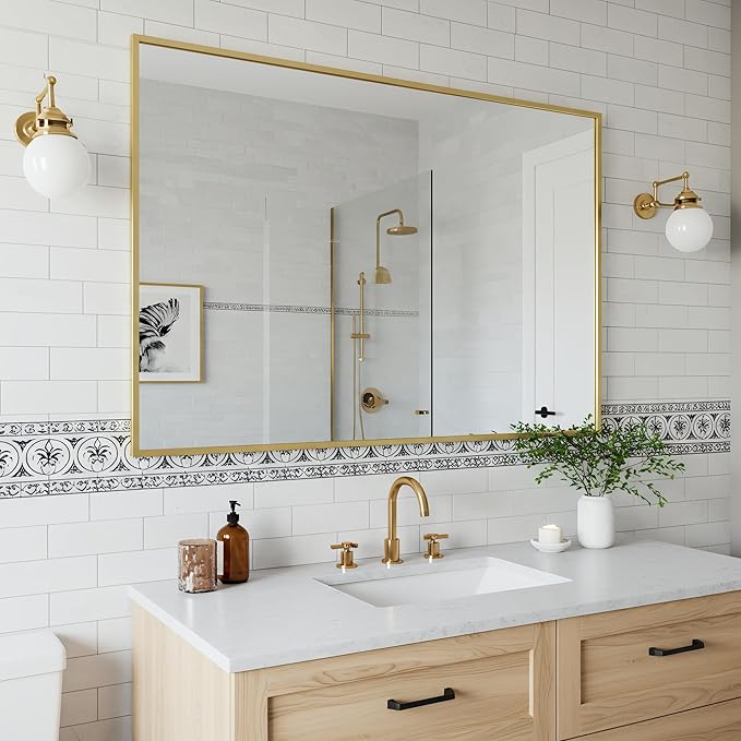 27x40 Inch Brass Bathroom Mirror for Wall, Aluminum Frame Rectangle Rectangular Vanity Mirror, Modern Large for Bedroom, Living Room, Horizontal or Vertical-StrideForce Fitness