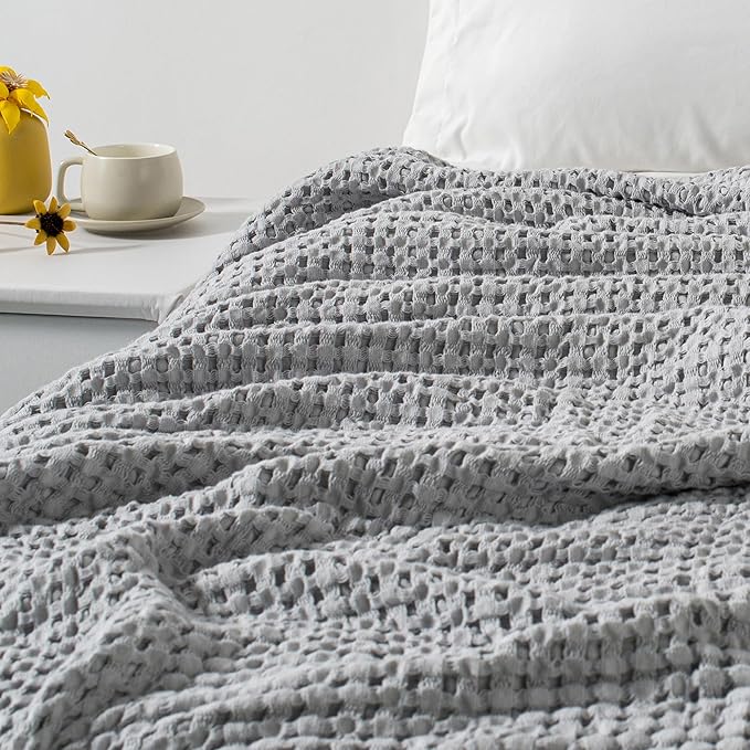 Carriediosa 100% Cotton Waffle Weave Blanket 400GSM Breathable Thermal Blankets for Bed Couch Sofa Soft and Cozy Throws for All Season Home Decor, 50"X 60" Light Grey-StrideForce Fitness