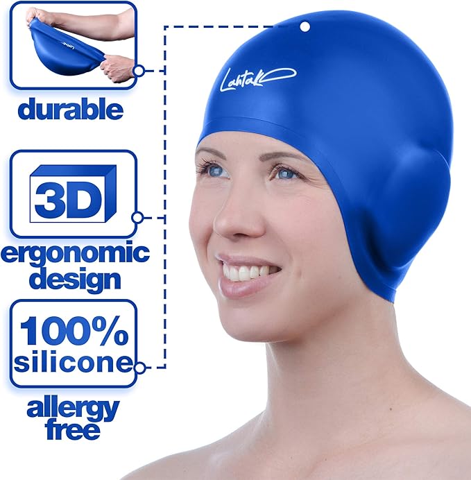 3D Swim Caps - Ear Protection Swimming Cap for Women & Men - Silicone, Waterproof - Fits Long & Short Hair - Adult & Youth-StrideForce Fitness