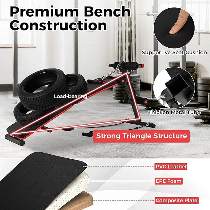 GYMAX Sit Up Bench, 330lbs Folding Decline Workout Bench with Spring Handle, Elastic Ropes & 4 Level Adjustable Height, Incline Weight Bench for Situp, Ab Crunch, Strength Training Exercise for Home Gym-StrideForce Fitness