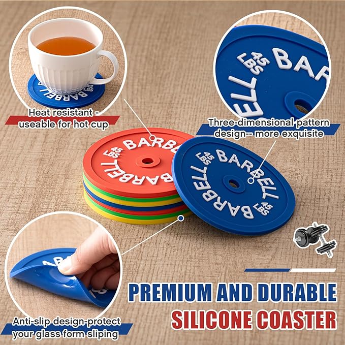 8 Pcs Barbell Bumper Plate Cool Coasters Round Silicone Coasters Weight Plate Coaster with Rack Holder for Gym Lovers Gym Accessories(Colorful)-StrideForce Fitness