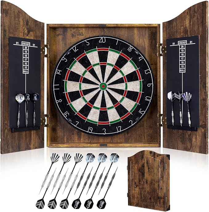Sisal Dart Board Cabinet Sets, Decorative Dart Boards for Adults [6*Steel Darts] - Wooden Dartboard Cabinet with Integrated Scoreboard for Family Game Rooms-StrideForce Fitness