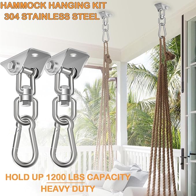 Hammock Hanging Kit, Porch Swing Hanging Kit 1200 Lb Capacity, Hammock Ceiling Hooks Heavy Duty 360°Rotating Hanging Swing Chair Hardware for Hammock Chair Stand, Porch, Yoga, Gym, Silver-StrideForce Fitness