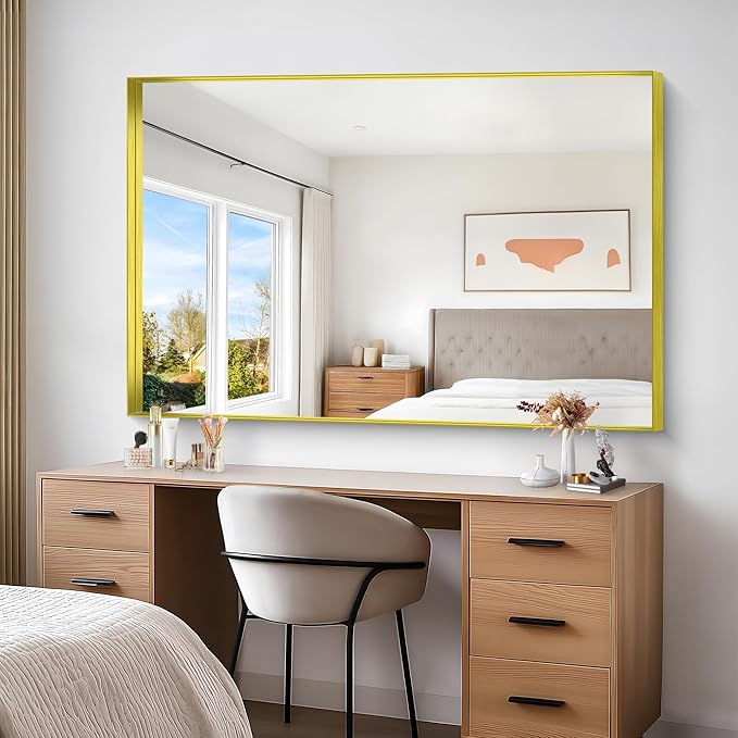Gold Bathroom Mirror, 60x40 Inch Rectangular Framed Mirror, Large Wall Mounted Bathroom Vanity Mirror Over Sink for Bedroom,Restroom, Living Room, Hangs Vertically or Horizontally-StrideForce Fitness