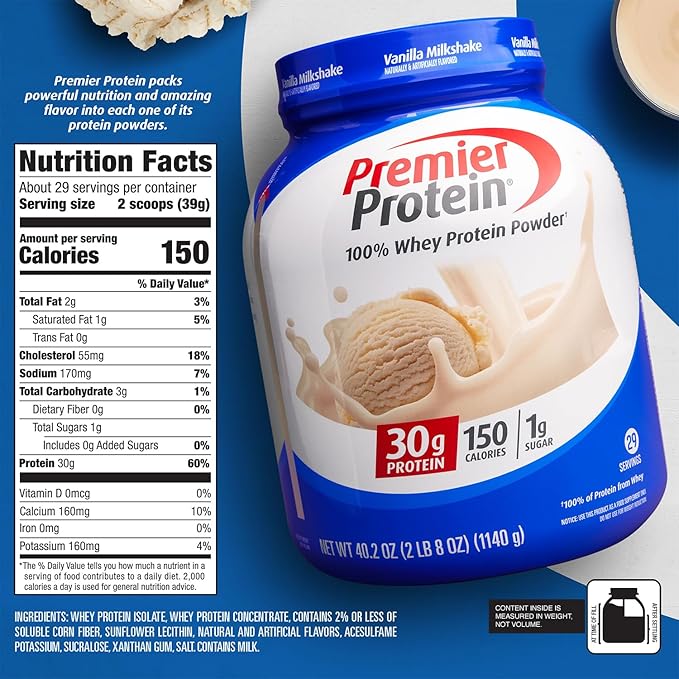 Premier Protein Protein Powder, 30g Protein, 1g Sugar, No Soy Ingredients, Gluten Free, Vanilla Milkshake, 29 Servings, 40.2oz-StrideForce Fitness