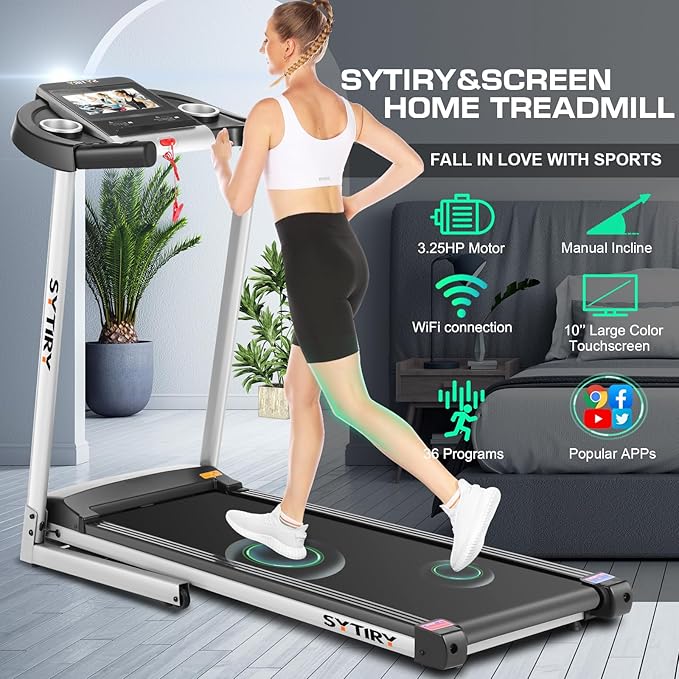 SYTIRY Treadmills for Home with TV Screen and WiFi,Smart Foldable Treadmill Machine,3D Virtual Sports Scene,HiFi Speakers,Popular APP for Social Networking,Video,and Search,Walking Treadmill-StrideForce Fitness