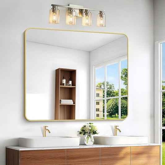 Gold Bathroom Mirror,40x48 inch Wall Mirror for Bathroom Wall Mounted,Round Rectangle Mirror for Bathroom Over Sink,Modern Frame for Home Decor Living Room,Bedroom Entryway,Horizontal/Vertical-StrideForce Fitness