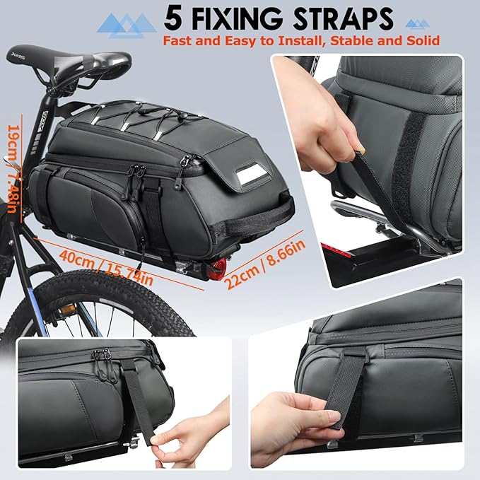 RAINSMORE Bike Bags for Bicycle Rear Rack 15L Waterproof Bike Ebike Trunk Pannier Saddle Bag with Rain Cover Bike Accessories Backpack Shoulder Bag for Commuter Travel Outdoor, Grey-StrideForce Fitness