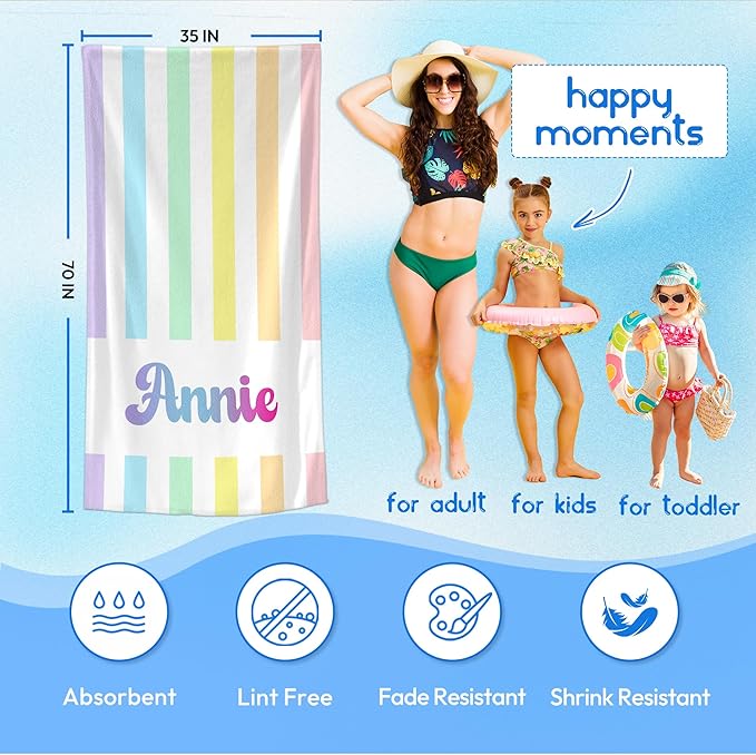 JML Personalized Beach Towel with Name, Custom Rainbow Cabana Stripe Beach Towel, Customized Microfiber Pool Towel, Quick Dry & Absorbent Swim Towel for Adult,Anniversary, Birthday, Summer Holiday-StrideForce Fitness