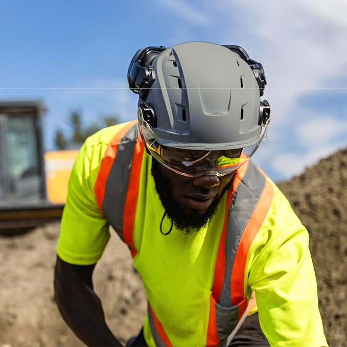 GE Safety Helmet, Impact Absorbing Tech, Adjustable Ratchet, ANSI Type 1, Memory Foam Padding, Hard Hats Protection, Lightweight, Durable, Chin Strap, Comfortable Fit OSHA Approved-StrideForce Fitness