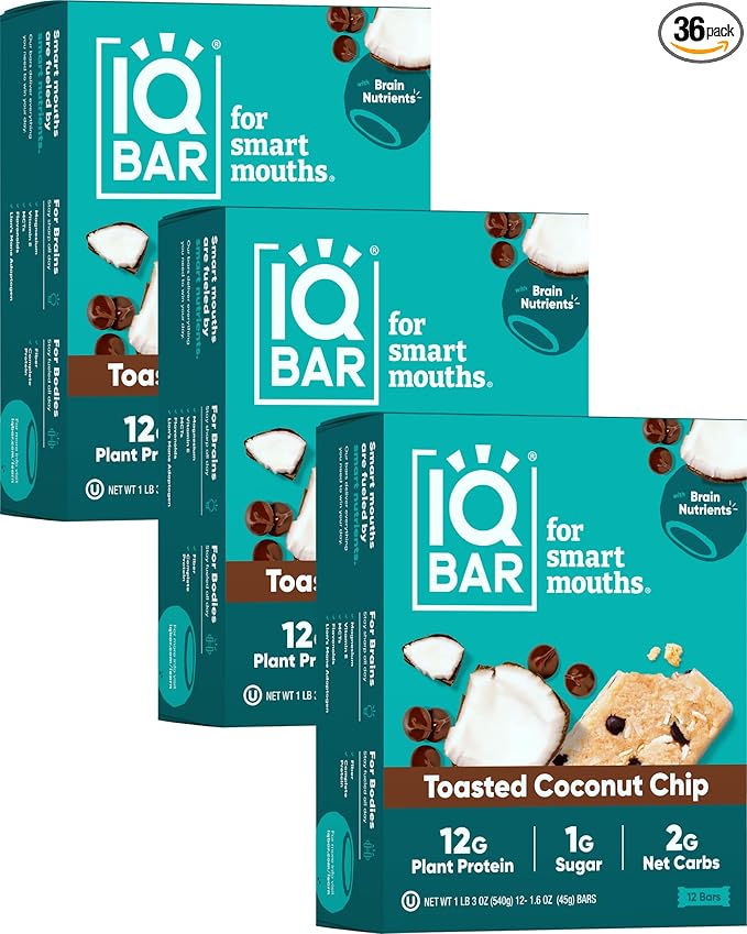 IQBAR Brain and Body Plant Protein Bars - Toasted Coconut Chip - 36-Count Low Carb - Gluten Free, High Fiber, Vegan Snacks - Low Sugar Meal Replacement-StrideForce Fitness