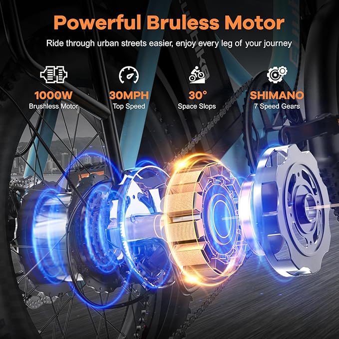 Foldable Electric Bike for Adults, Peak 1000W Brushless Motor 30MPH 70Miles City Commuter Ebike, 48V 20AH Lithium Battery, 20" Fat Tire 7-Speed E-Bicycle with Front Suspension Colourful LCD Display-StrideForce Fitness