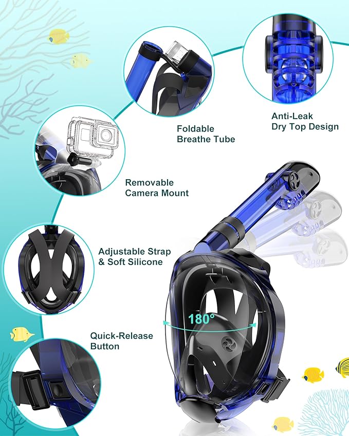 Mask Fins Snorkeling Gear for Adults, Full Face Snorkel Mask & Adjustable Swim Fins Snorkel Set, Panoramic View Snorkel Mask Dry Top Anti-Fog Anti-Leak-StrideForce Fitness