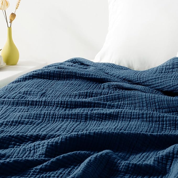 Carriediosa 100% Cotton Muslin Throw Blanket 108" X 90" King Size，4-Layers Summer Gauze Throws for Bed Couch，Soft Lightweight Breathable Linen Blankets Bedspread for Adults All Season，Navy Blue-StrideForce Fitness