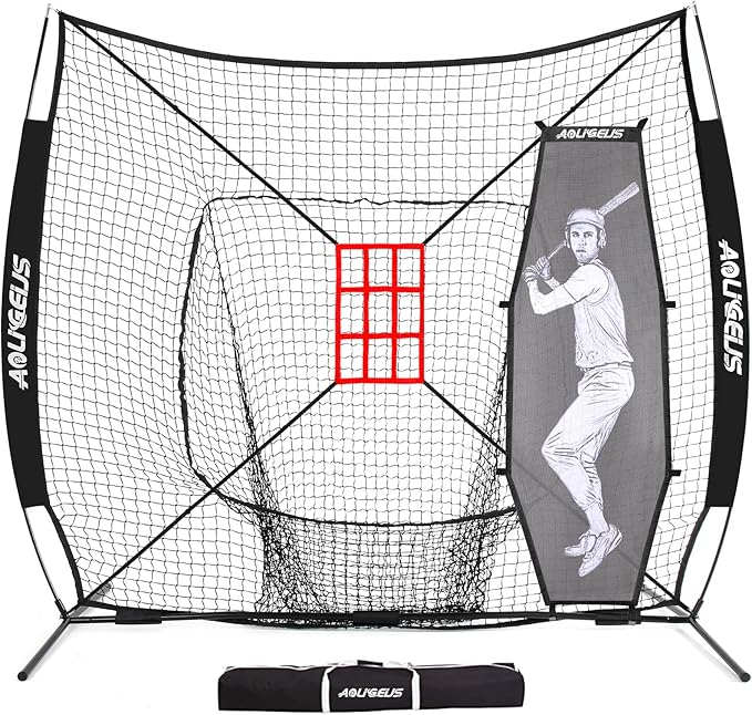 7'X7' Baseball Softball Practice Net,Pitching Net,Batting Net,with Baseball Tee,Bonus Strike Zone and Bow Frame,for Hitting,Pitching, Catching-StrideForce Fitness