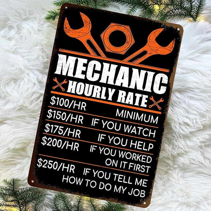 Mechanic Gifts for Men - Garage Metal Tin Signs Vintage Car Shop Accessories Decor Mechanic Hourly Rate Metal Sign 8x12 Inch-StrideForce Fitness