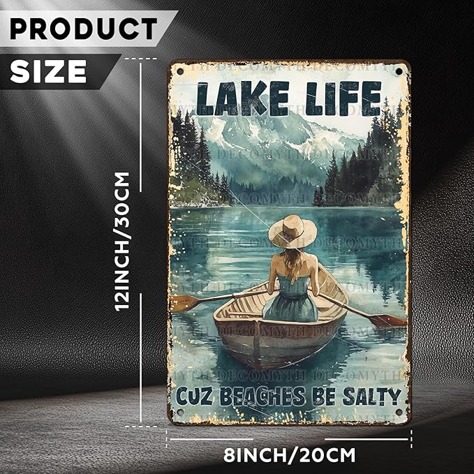Vintage Lakehouse Tin Sign Lake Life Cuz Beaches Be Salty Retro Wall Decor Nostalgic Art Funny Metal Poster Indoor Store Cafe Toilet Kitchen Garden Plaque Bar Pubs Man cave 12 * 8inch-StrideForce Fitness