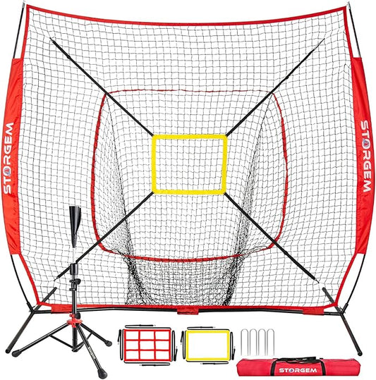 Storgem Baseball and Softball Practice Net 7×7ft Portable Hitting Pitching Batting Training Net Baseball Backstop Net with Batting Tee and Strike Zone and Bow Frame-StrideForce Fitness