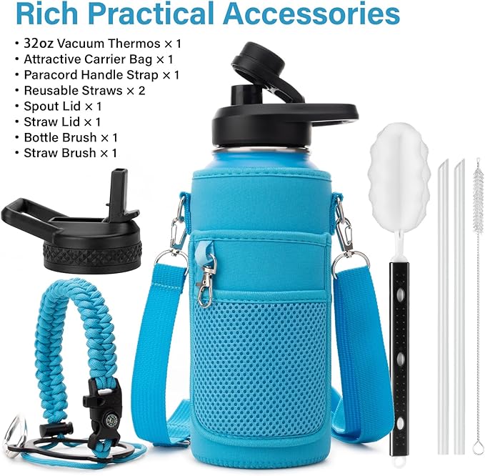 Insulated Water Bottle | Thickened Stainless Steel Vacuum Metal | Portable Sports Water Jug for Gym and Hiking with Straw, Carrier Bag, Handle Strap | BPA-Free 32 oz-StrideForce Fitness