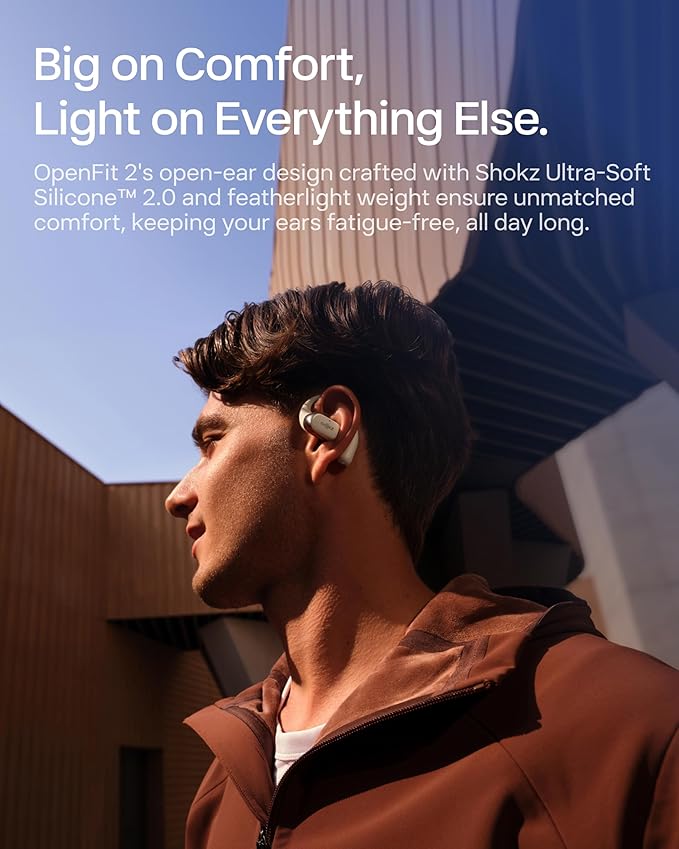 SHOKZ New OpenFit 2 Open-Ear Headphones, True Wireless Bluetooth Earphones with Microphone, Earhook Earbuds with 48 Hours of Playtime, Fast Charging, IP55 Water-Resistant, with Carrying Bag, Beige-StrideForce Fitness