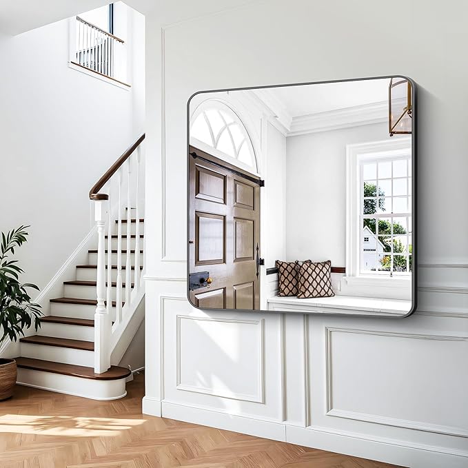48x48 inch Bathroom Mirror,Black Rectangle Mirror,Wall Mounted Bathroom Frame Vanity Mirror with Round Corner for Bedroom Living Room,Entryway Hangs Horizontal or Vertical-StrideForce Fitness