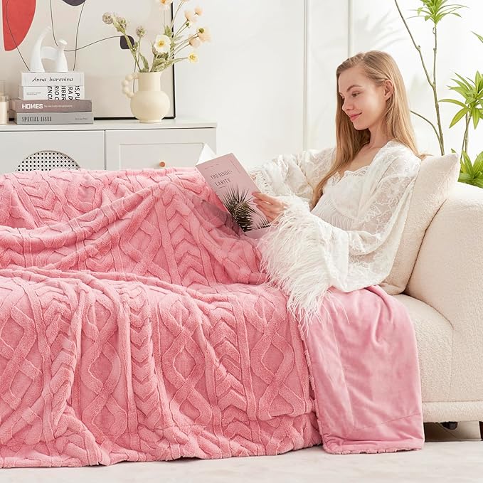 Cozy Bliss Faux Fur Throw Blanket for Couch, Jacquard Fuzzy Plush Soft Thick Winter Throw Blanket for Sofa Bed Living Room Bedroom, 50 * 60 Inches Hot Pink-StrideForce Fitness