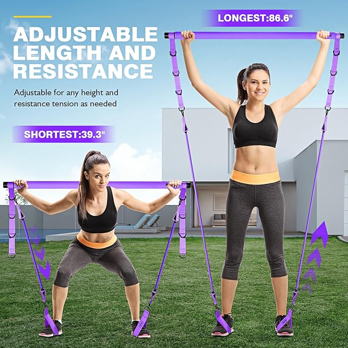 Pilates Bar Kit With Resistance Bands, Workout Equipment for Legs, Hip, Waist, Arm, Squats Exercise Equipment for Home Workouts, Adjustable 3-Section Bar Kit for Women & Men