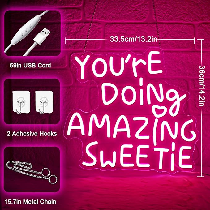 You're Doing Amazing Sweetie Neon Sign,Pink Led Neon Signs for Wall Decor,Dimmable Inspirational Letter Neon Lights USB Amazing Light Up Signs for Bedroom Classroom Party,Gift for Boys Girls-StrideForce Fitness