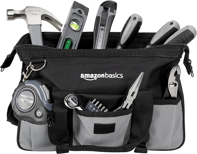 Amazon Basics 65 Piece Home Basic Repair Tool Kit Set With Bag, Silver, Black-StrideForce Fitness
